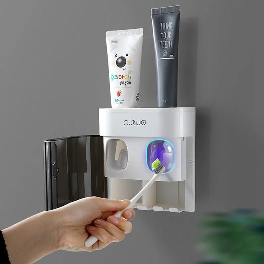 Automatic Wall-Mounted Toothpaste Dispenser & Double Toothbrush Holder - Punch-Free Bathroom Organizer